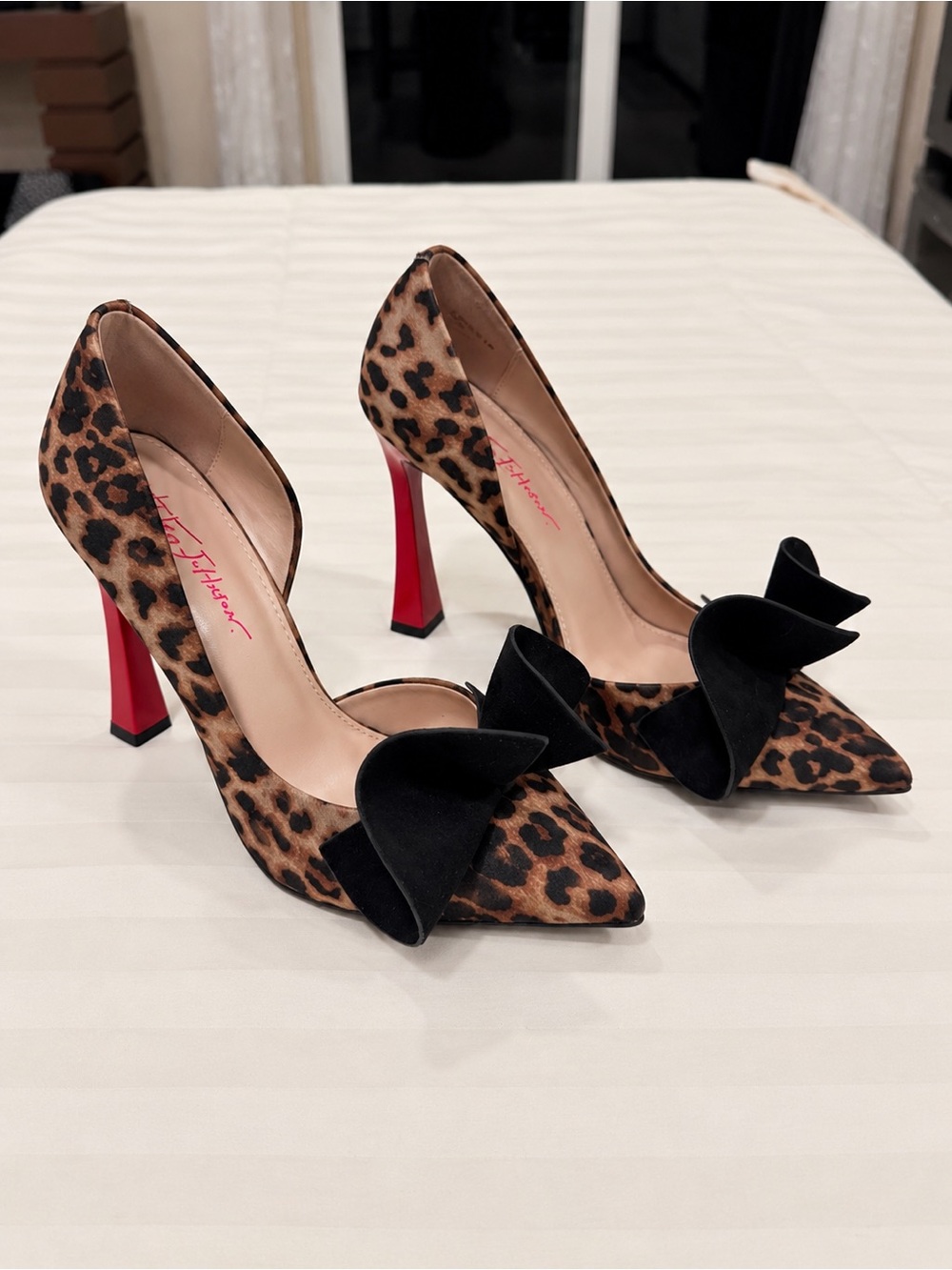 Betsey Johnson Leopard Print Pumps with Black Bow and Red Heel